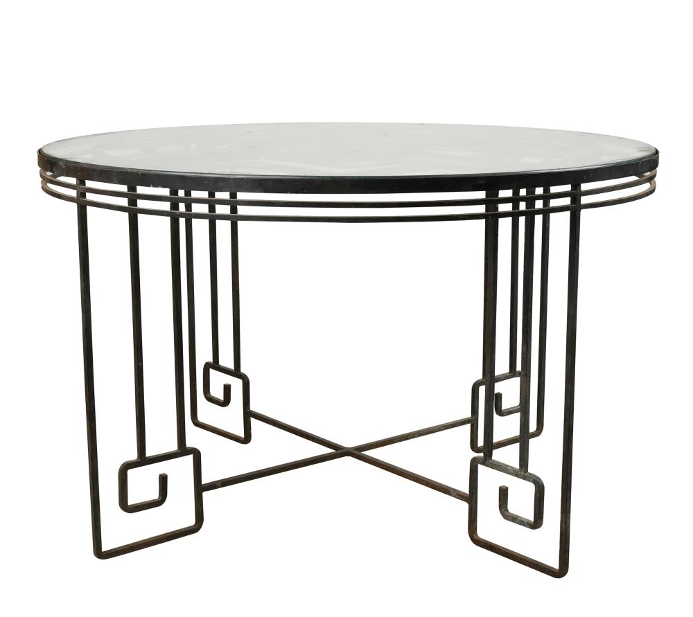 Appraisal: ROUND IRON PATIO TABLEwith glass top Provenance The Estate of