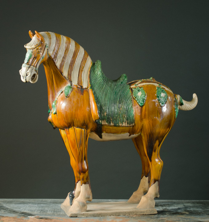 Appraisal: LARGE GLAZED POTTERY HORSE Chinese Tang Dynasty style green orange