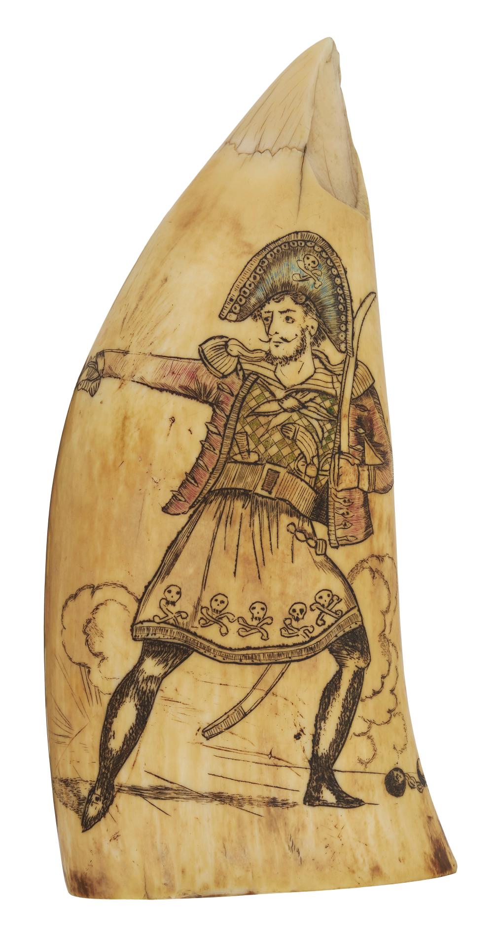 Appraisal: POLYCHROME SCRIMSHAW WHALE'S TOOTH DEPICTING A PIRATE AND SOLDIER BOYS