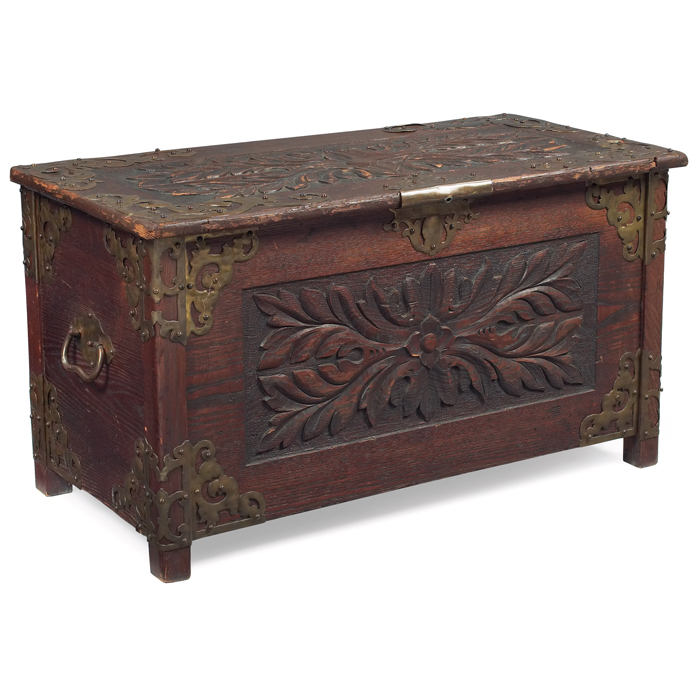 Appraisal: Arts and Crafts period trunk carved floral design with brass