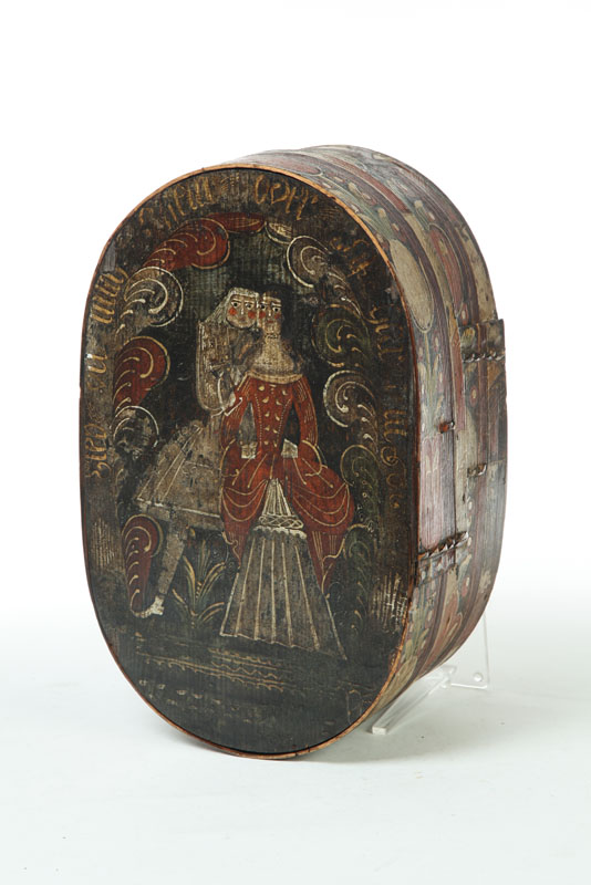 Appraisal: DECORATED BRIDE'S BOX American or European th century Oval bentwood