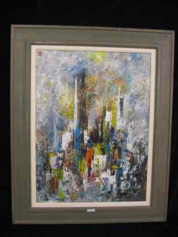 Appraisal: Mun Quan oil on board ''Structure'' abstract well listed artist