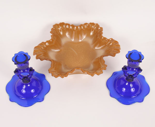 Appraisal: Greentown chocolate glass leafy edge dish along with pair cobalt