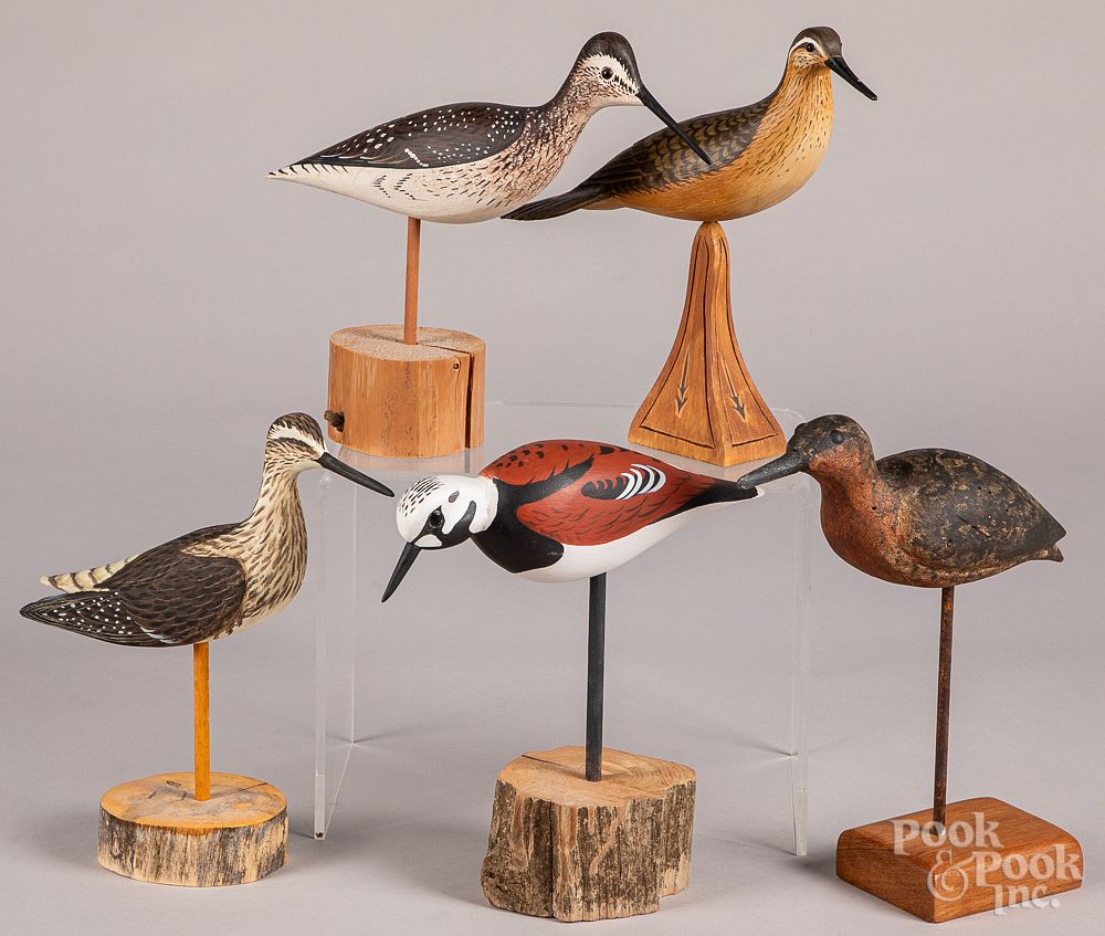 Appraisal: Five carved and painted shorebird decoys Five carved and painted