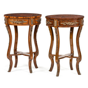 Appraisal: A Pair of Louis XV Style Marquetry Tables th Century