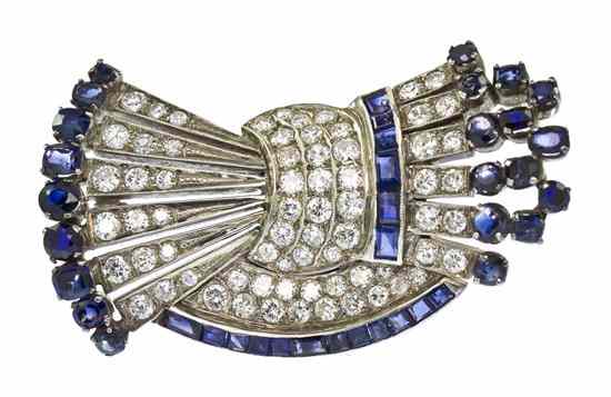 Appraisal: A White Gold Backed Platinum Diamond and Sapphire Brooch containing