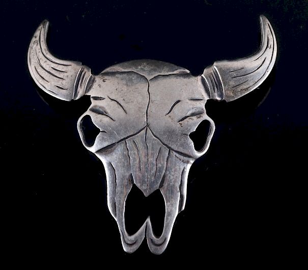 Appraisal: Signed Sterling Silver Buffalo Skull Brooch Offered in this lot