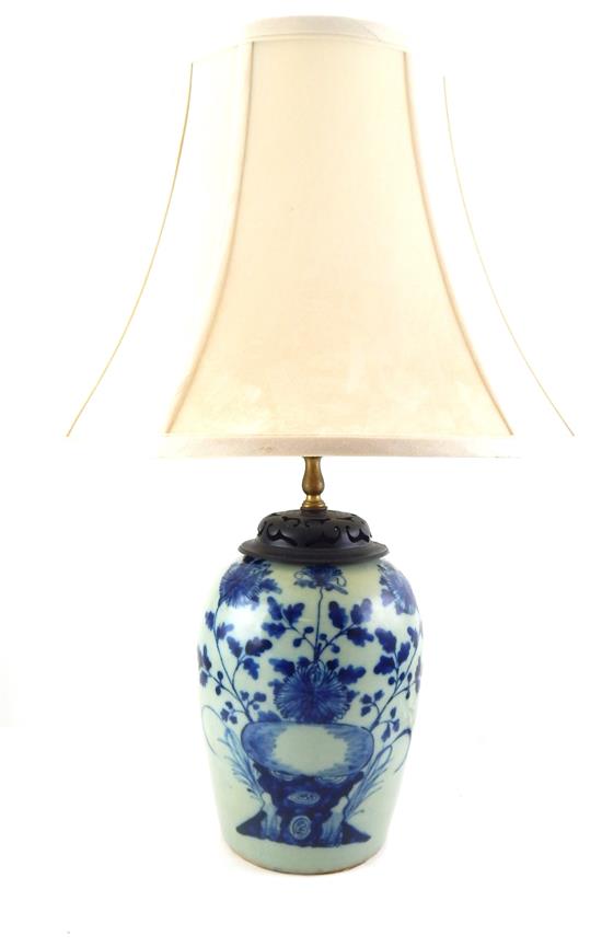 Appraisal: ASIAN th th celadon vase converted to electrified lamp blue