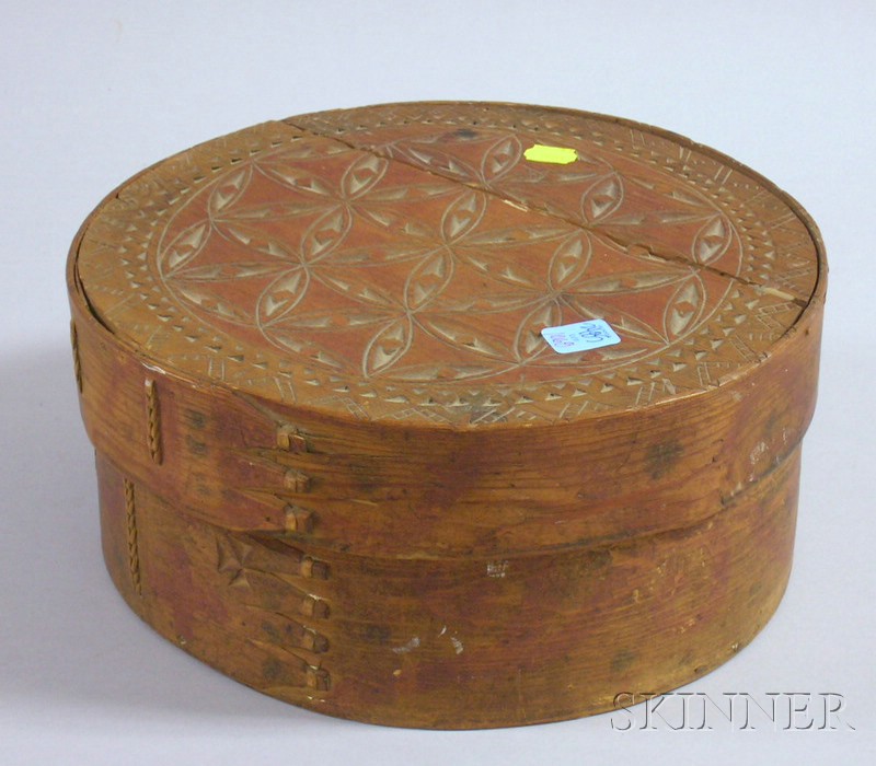 Appraisal: Circular Chip-carved Lap-sided Wooden Covered Box ht dia in