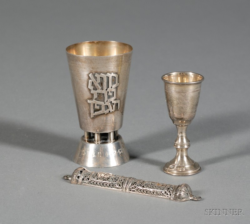 Appraisal: Two Silver Kiddush Cups and a Silver Filigree Mezuzah comprising