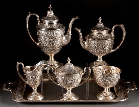 Appraisal: American Hand-Chased repousse silver six-piece tea and coffee service in