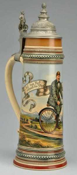 Appraisal: German Pottery Liter Beer Stein Depicts man on bicycle Pewter