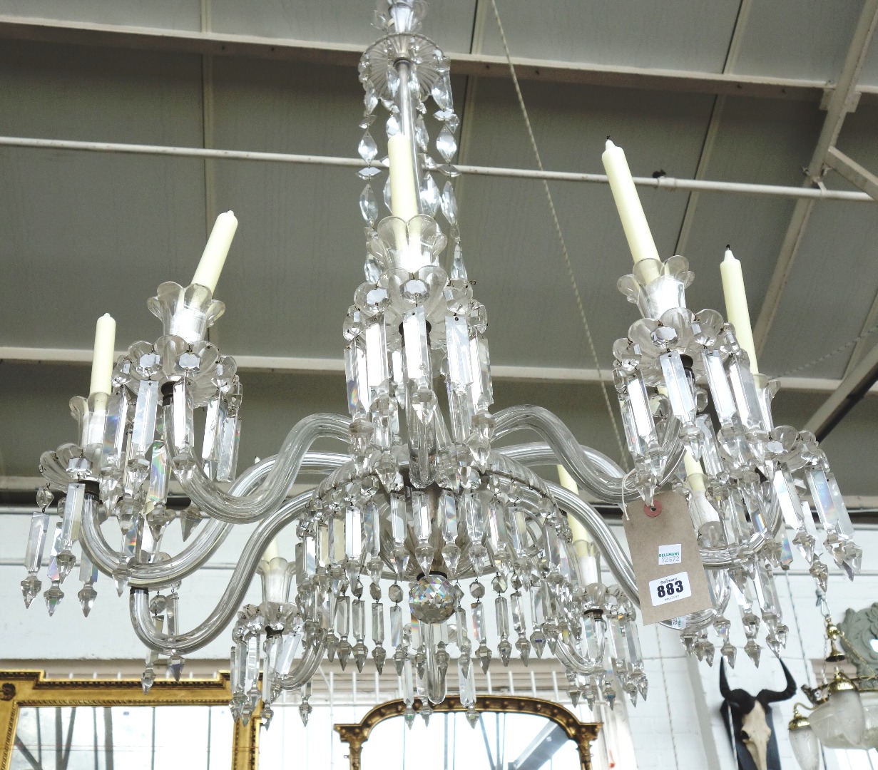 Appraisal: A ten branch cut glass chandelier with baguette frieze and