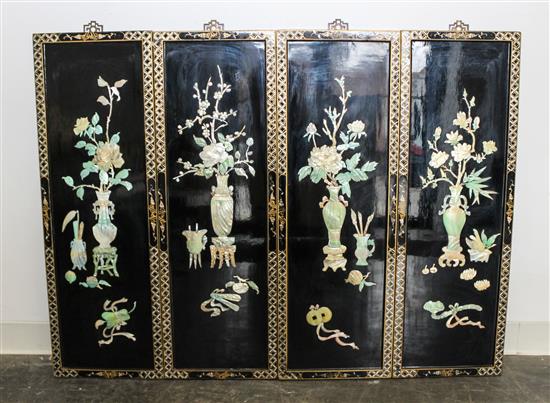 Appraisal: Sale Lot A Chinese Black Lacquered and Mother-of-Pearl Inlaid Four-Panel