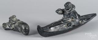 Appraisal: Chalk carving of an Inuit hunter in a kayak th