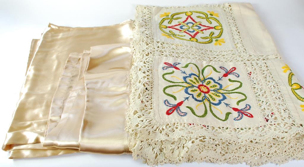 Appraisal: PAIR OF PLAIN GOLD SATIN BEDSPREADS and a hand EMBROIDERED