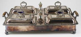 Appraisal: Wonderful silver-plate warming tray with covered dishes cobalt lined salts