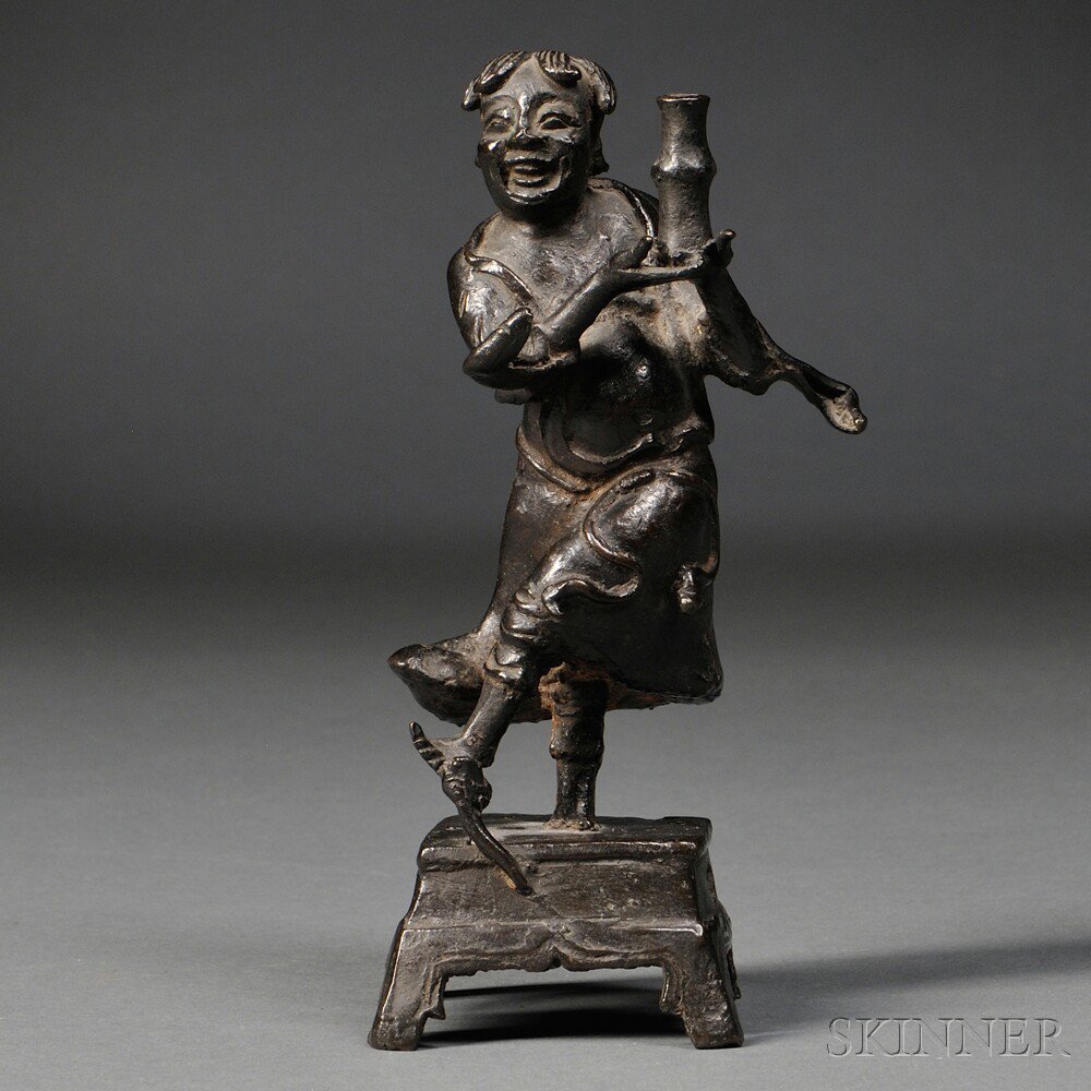 Appraisal: Bronze Figure China depicting a laughing male figure standing on