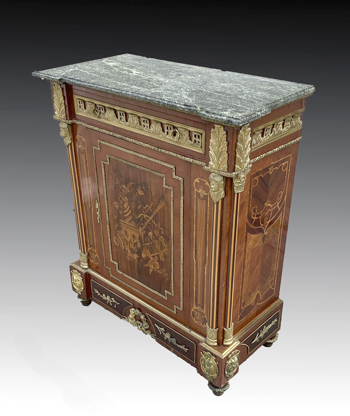 Appraisal: FRENCH GILT METAL MOUNTED MARBLE TOP SIDE CABINET Single drawer