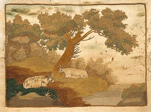 Appraisal: EARLY TH-CENTURY NEEDLEWORK WITH COWS American or English silk threads