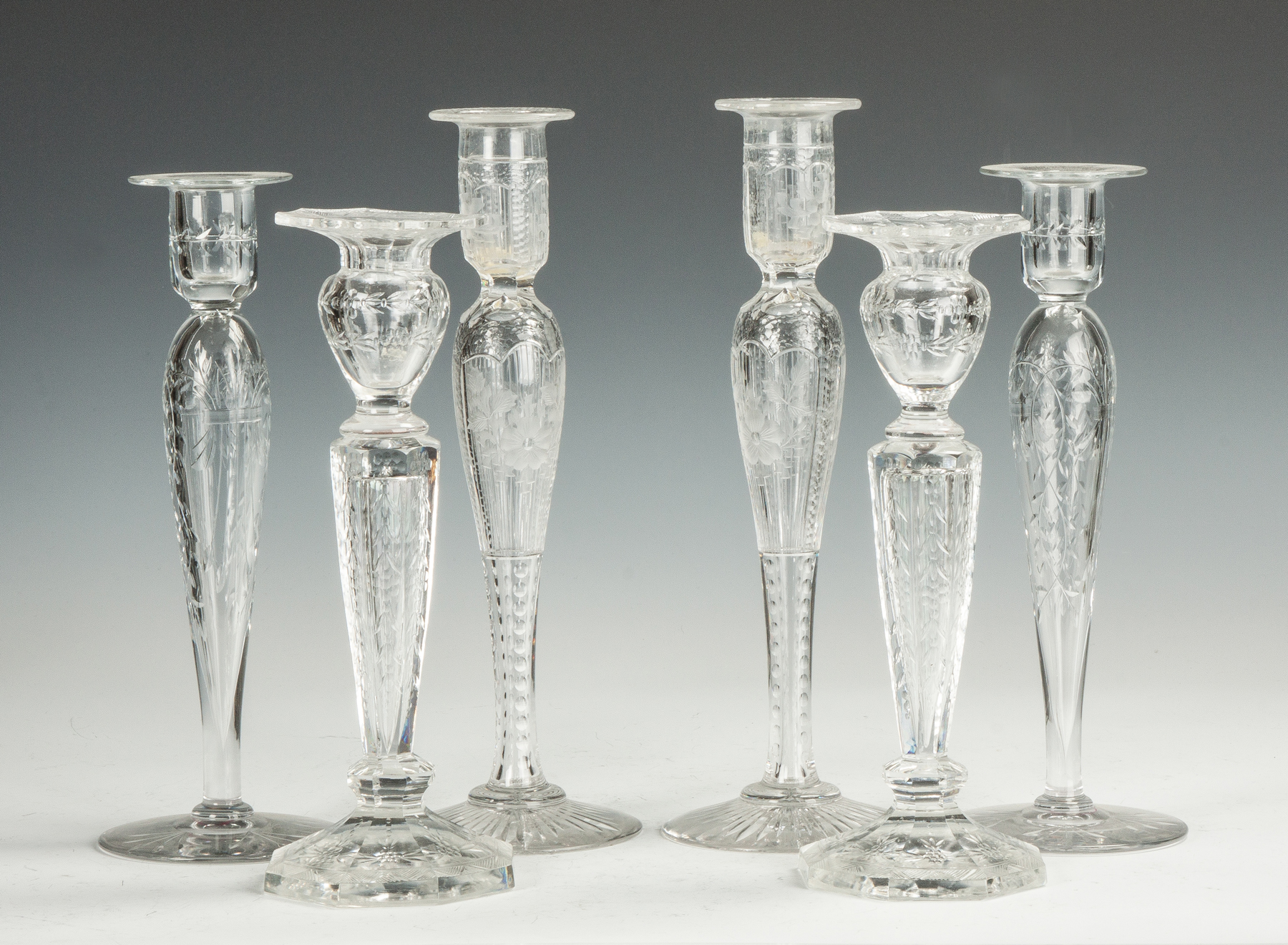 Appraisal: Three Pair of Cut Etched Glass Candlesticks Late th early