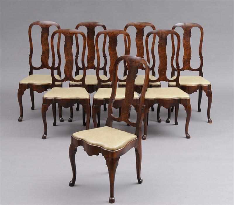 Appraisal: SET OF EIGHT QUEEN ANNE STYLE BURL WALNUT DINING CHAIRS