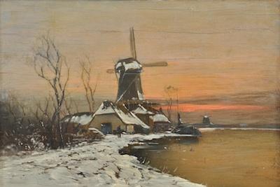 Appraisal: V V Malson Winter scene with windmills Oil on wood