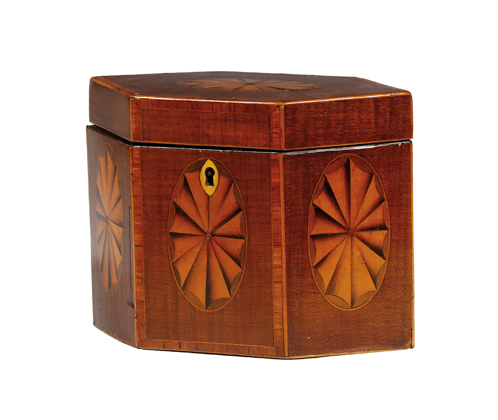 Appraisal: HEXAGONAL TEA CADDY WITH PATERA INLAY th c Petite Hexagonal