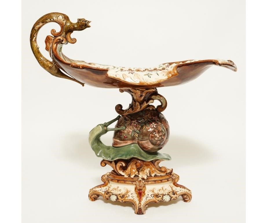 Appraisal: Large Majolica centerpiece dish with snail base circa h x