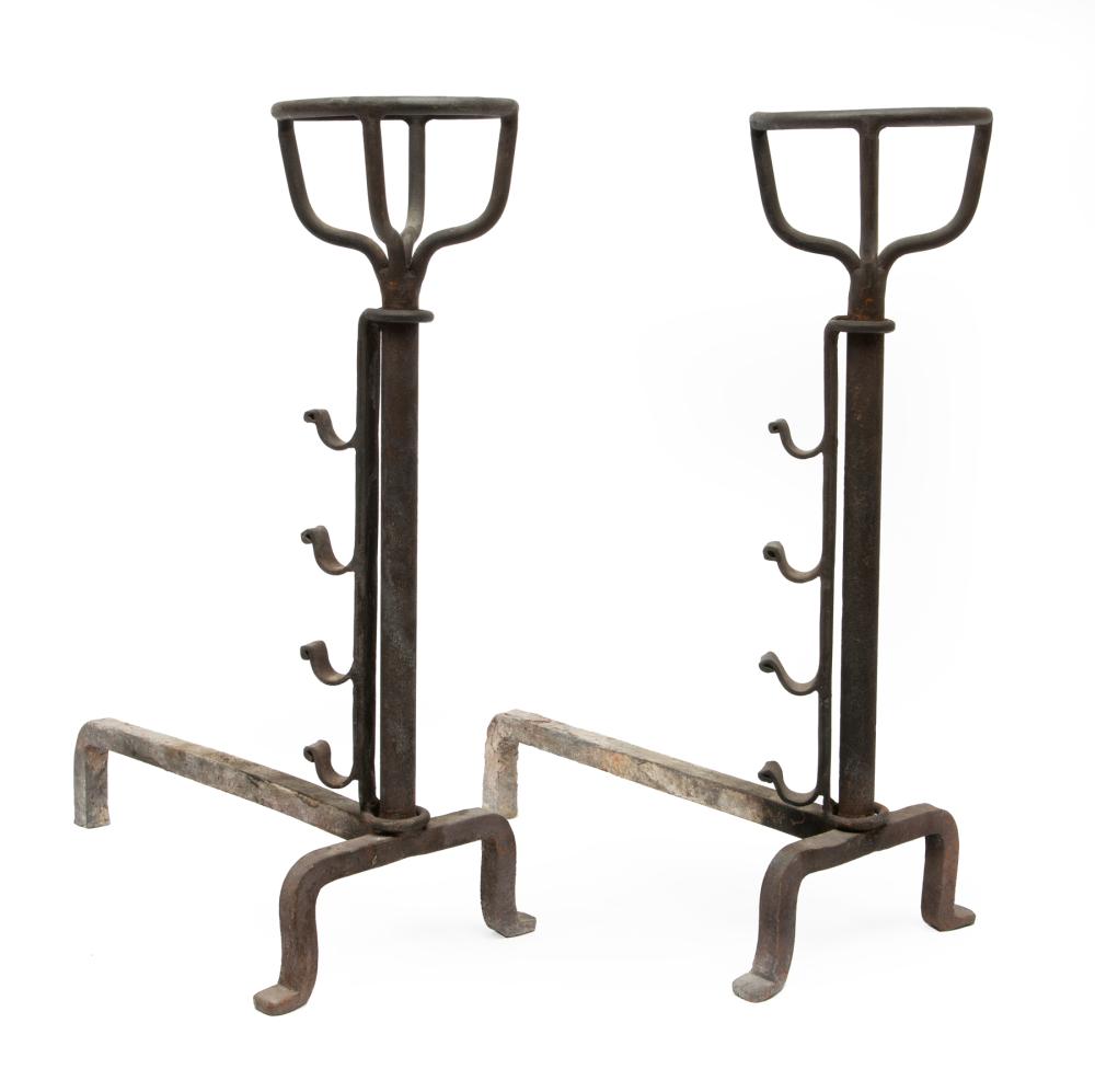 Appraisal: Pair of American Wrought Iron Andirons with basket finial h