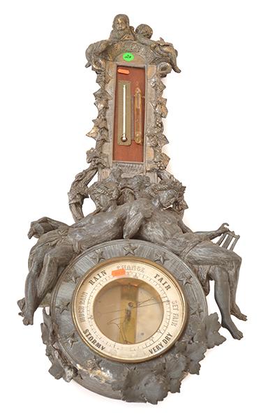 Appraisal: FIGURATIVE PRESSED METAL THERMOMETER BAROMETER SOME LOSS TO LOWER FOLIATE