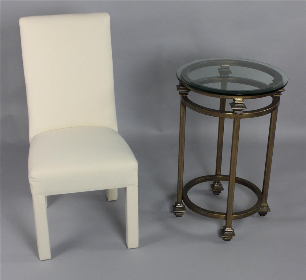 Appraisal: CLASSICAL MODERN STYLE GLASS TOPPED SIDE TABLE TOGETHER WITH PARSON'S