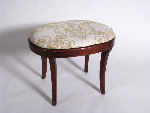 Appraisal: Vintage mahogany vanity bench with upholstered seat depicting figures birds