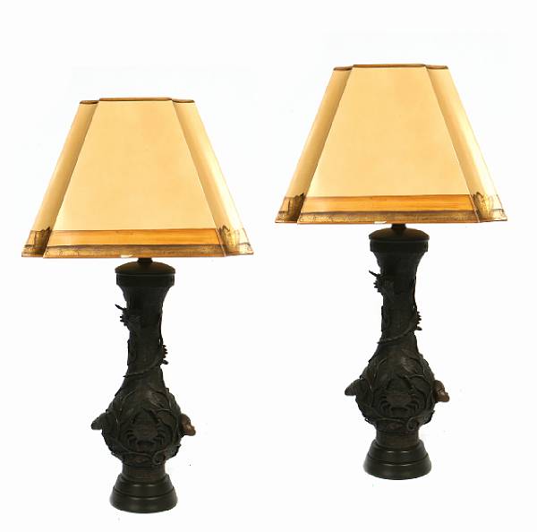 Appraisal: A pair of Japanese bronze vases now mounted as lamps