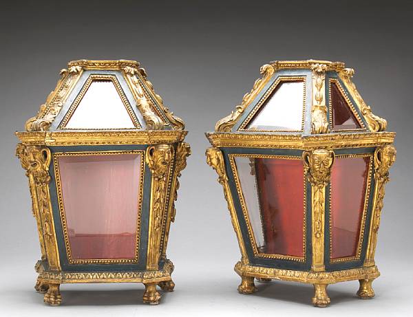 Appraisal: A pair of Venetian polychrome parcel gilt and glass lanterns