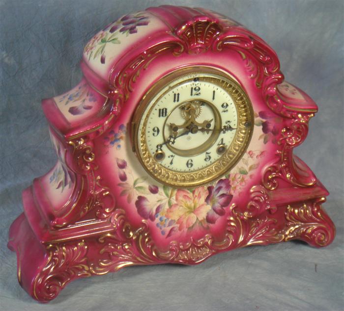 Appraisal: Ansonia Peconic china case clock burg Floral decorated porc Dial