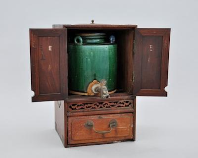 Appraisal: A Glazed Ceramic Wine Dispenser with Metal Mounts Chinese Of