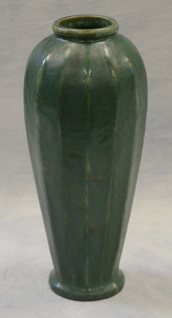 Appraisal: Fulper Pottery tall cucumber green vase drilled for lamp -