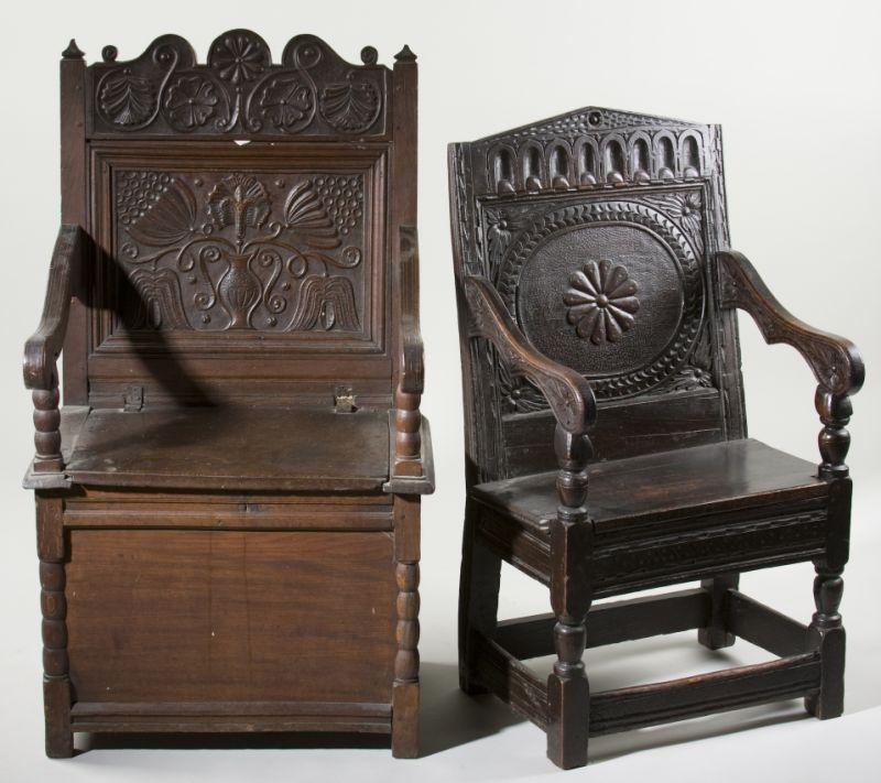 Appraisal: Two English Jacobean Armchairs late th century both relief carved