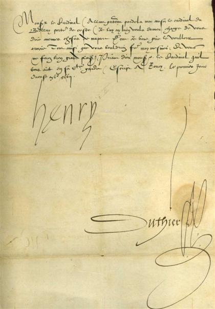 Appraisal: piece Letter Signed Henri II King of France - to