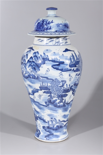 Appraisal: Tall Chinese blue and white porcelain covered vase with numerous