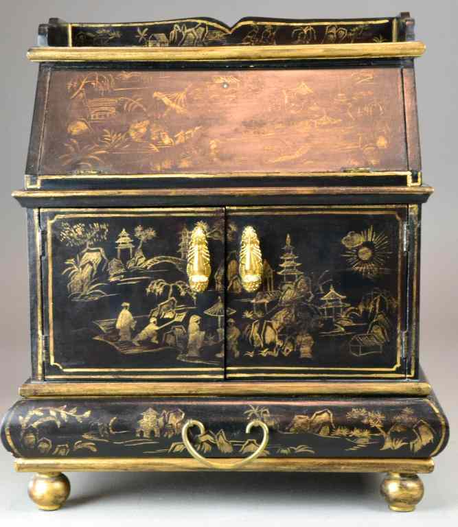 Appraisal: Miniature Chinese Black and Gold Lacquer DeskConsisting of portable drop-leaf