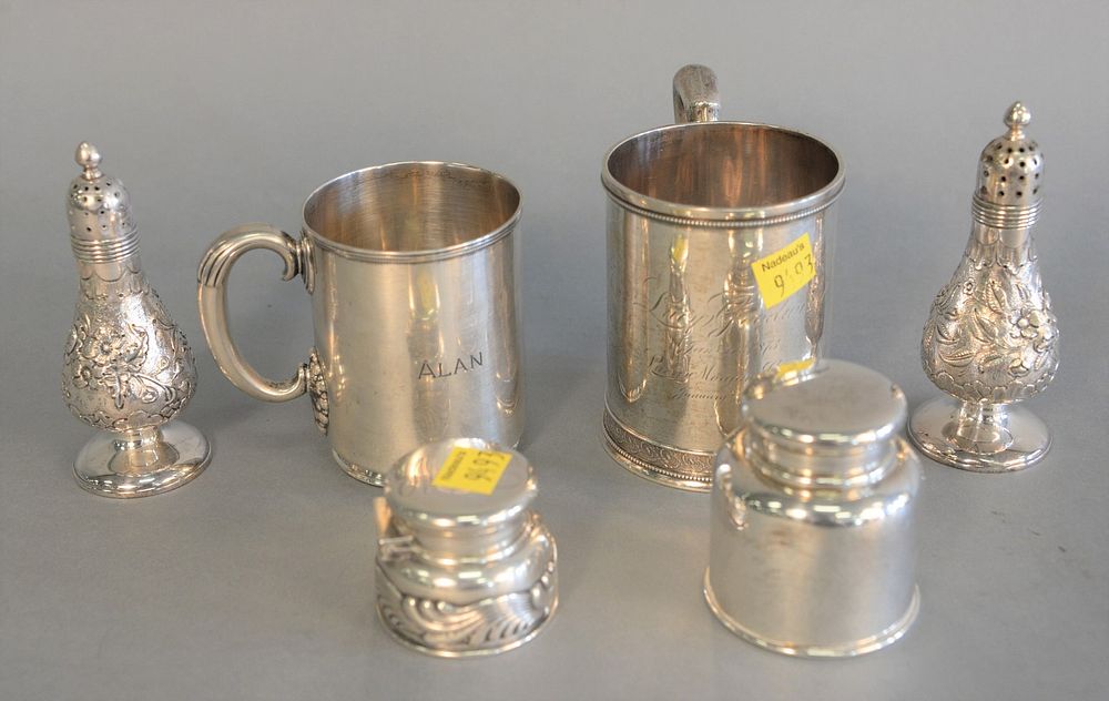 Appraisal: Six piece Tiffany Co silver lot two inkwells two mugs