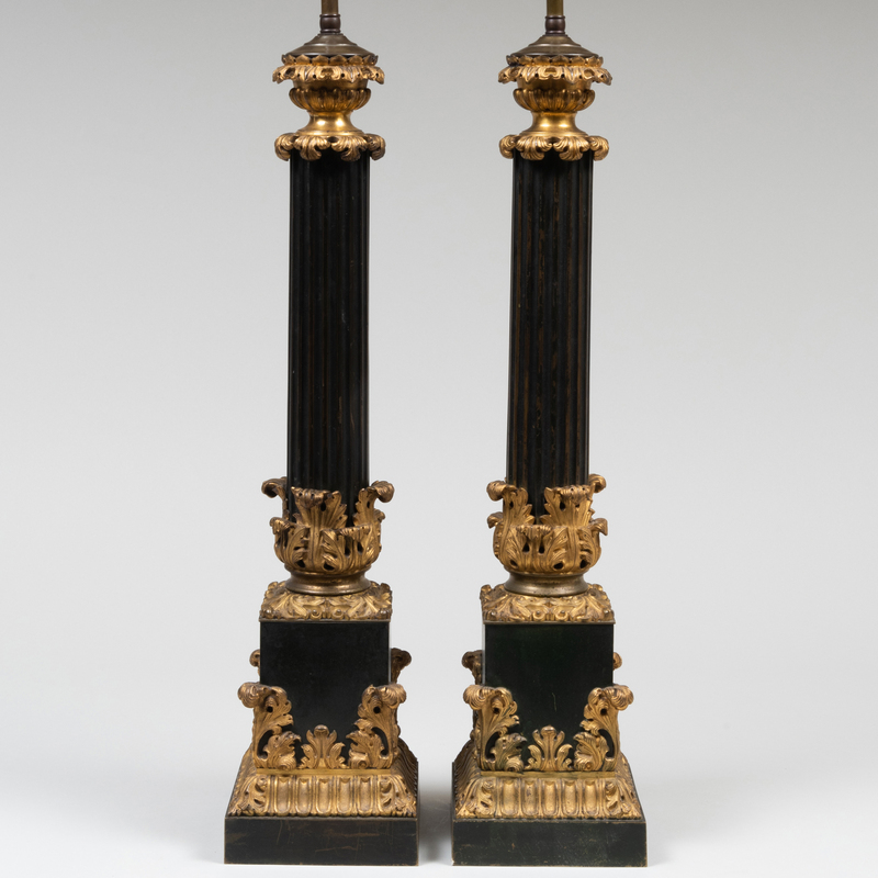 Appraisal: Pair of English Gilt-Bronze and Bronze Columnar Lamps x x