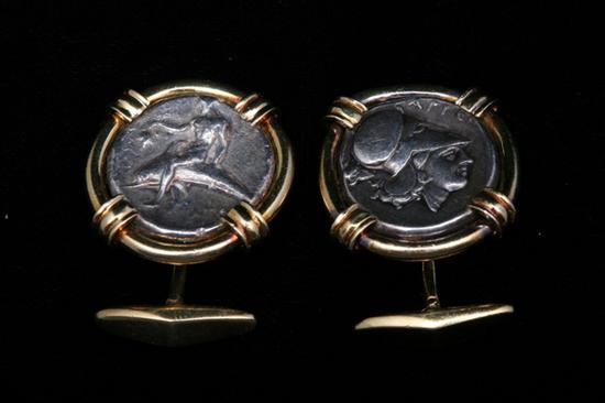 Appraisal: PAIR CUSTOM-MADE K YELLOW GOLD MOUNTED ANCIENT GREEK COIN CUFFLINKS