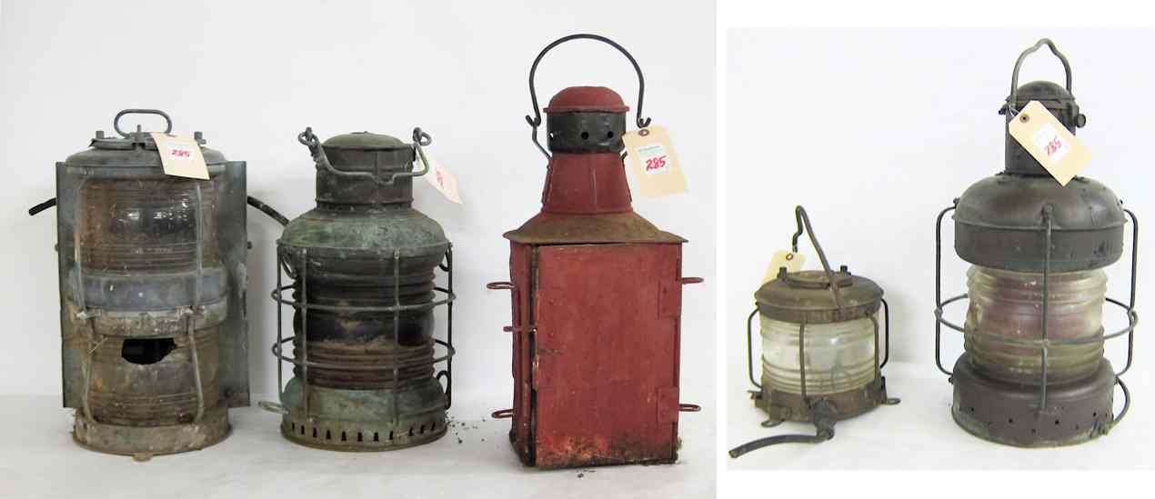 Appraisal: FIVE WEATHERED MARINE LANTERNS th century including American Perko brass