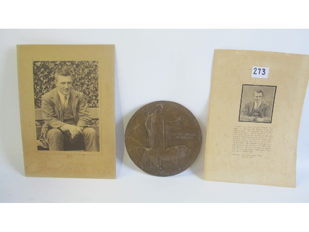 Appraisal: Bronze memorial plaque to Pte John T Alexander with a