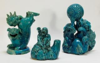 Appraisal: Chinese Ceramic Turquoise Foo Dogs Man Figures CHINA TH CENTURY