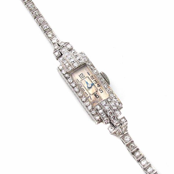 Appraisal: An Art Deco diamond and platinum bracelet wristwatch estimated total