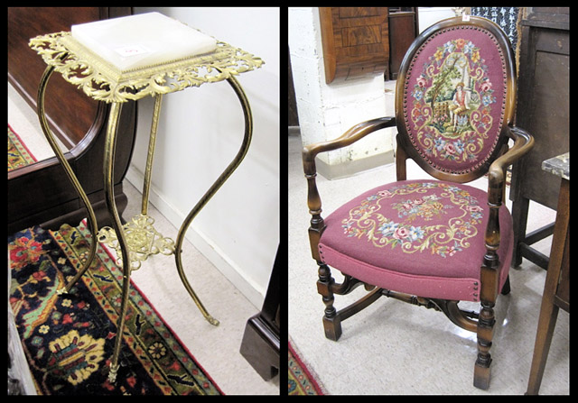 Appraisal: NEEDLEPOINT ARMCHAIR AND BRASS PLANT STAND The armchair is an